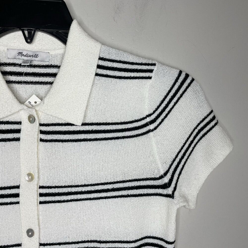 MADEWELL Sweater Women XS Polo Knit Tee NEW Ivory Stripe Short Sleeve NQ341 - Picture 2 of 14